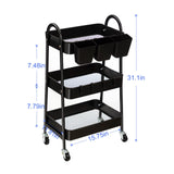 danpinera 3-Tier Rolling Cart, Metal Rolling Storage Cart with Lockable Wheels & Hanging Cups & Hooks, Mobile Trolley Cart for Kitchen, Bathroom, danpinera