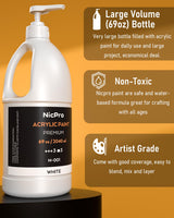 Nicpro 6 Colors Large Bulk Acrylic Paint Set (69 oz, 2040ml) Rich Art Painting Supplies Non Toxic for Multi Surface, Canvas, Wood, Leather, Fabric Nicpro