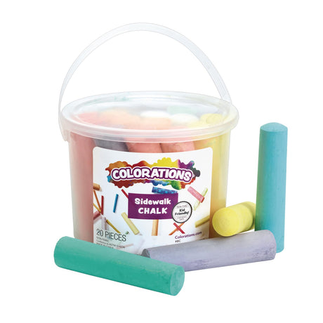 Colorations Washable Sidewalk Chalk in Storage Bucket, 20 Pieces, 8 Assorted Colors, Driveway Chalk for Kids, Oudoor Chalk, Kids Dustless Chalk, Colorations