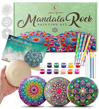 Mandala Rock Painting Kit - Mandala Dotting Tools Kit - Large Wooden Rocks for Painting, Mandala Stencils, Acrylic Paints, Dotting Tools for Painting