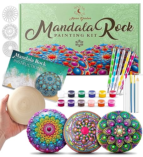 Mandala Rock Painting Kit - Mandala Dotting Tools Kit - Large Wooden Rocks for Painting, Mandala Stencils, Acrylic Paints, Dotting Tools for Painting Moon Garden