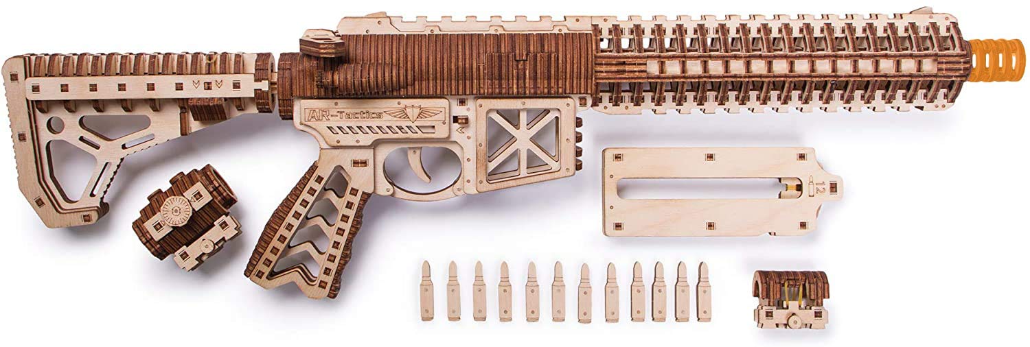 Wood Trick Assault Gun AR-T Model Kit for Adults and Teens to Build - with Telescoping Butt, Fuse, Sight and Clip for 12 Rounds - Detailed - WoodArtSupply