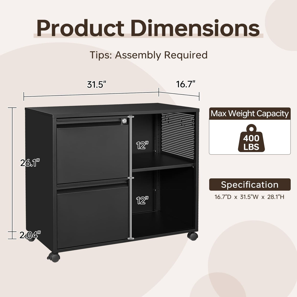 AFAIF Lateral File Cabinet, 2 Drawer File Cabinet with Lock, Printer Cabinet Printer Stand with Storage, Metal Mobile Filing Cabinet Home Office AFAIF