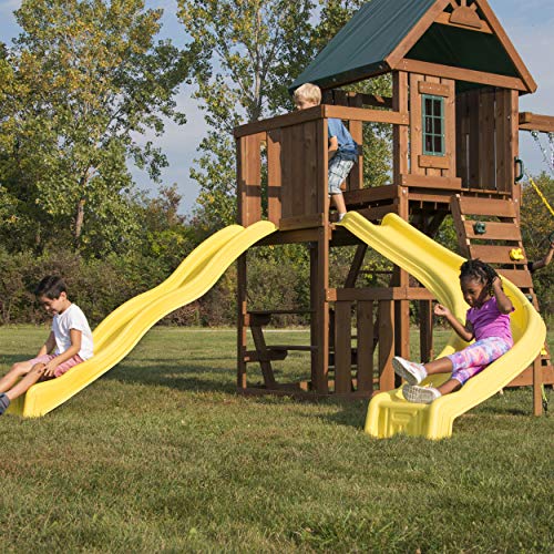 Swing-N-Slide WS 8355 Castlebrook Swing Set with Two Slides, Swings & Climbing Wall, Wood Swing-N-Slide
