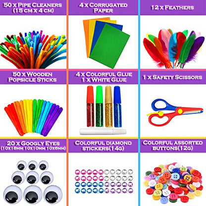 MOISO Kids Crafts and Art Supplies Jar Kit - 550+ Piece Set - Plus Glitter Glue, Construction Paper, Colored Popsicle Sticks, Eyes, Pipe Cleaners - WoodArtSupply