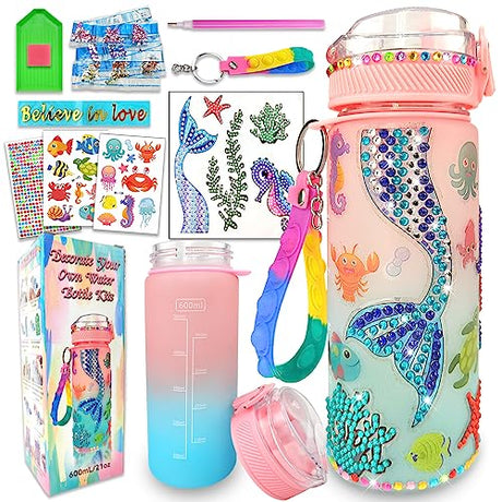 EDsportshouse Decorate Your Own Water Bottle Kits for Girls Age 4-6-8-10,Mermaid Gem Diamond Painting Crafts,Fun Arts and Crafts Gifts Toys for Girls EDsportshouse