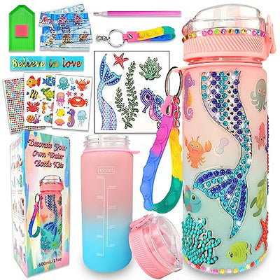 EDsportshouse Decorate Your Own Water Bottle Kits for Girls Age 4-6-8-10,Mermaid Gem Diamond Painting Crafts,Fun Arts and Crafts Gifts Toys for Girls