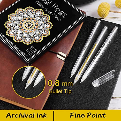 Dyvicl White Gold Silver Gel Pens, 0.8 mm Fine Point Pens Gel Ink Pens for Black Paper Drawing, Sketching, Illustration, Adult Coloring, Journaling, Dyvicl