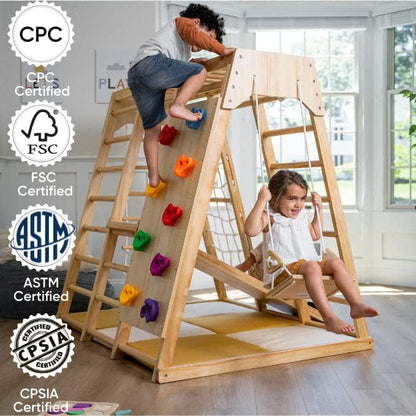 Avenlur Magnolia Indoor Playground 6-in-1 Jungle Gym Montessori Waldorf Style Wooden Climber Playset Slide, Rock Climbing Wall, Rope Wall Climber, - WoodArtSupply