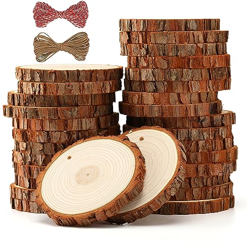 SENMUT Unfinished Wood Slices 30pcs 2.8"-3.0" Wood Circles for Crafts, Predrilled Natural Wood Rounds, Wooden Discs Perfect for DIY, Artistic SENMUT