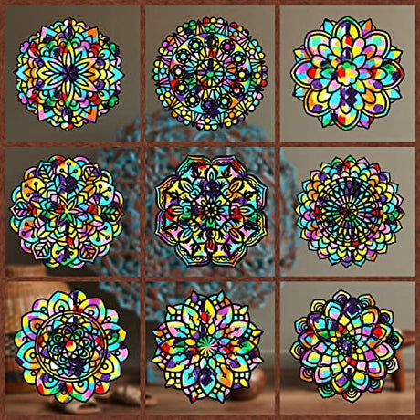 18 Pack Color Mandala Window Clings DIY Stained Glass Kits Suncatchers for Windows Arts and Crafts DIY Kit for Adults Mandala Sun Catcher for Tinlade