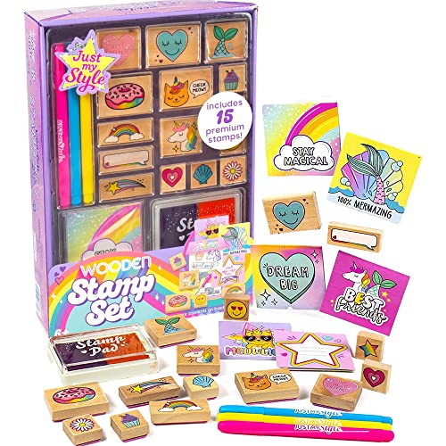 Just My Style Wood Stamp Set by Horizon Group USA, 15 Wooden Stamps, Scrapbooking Sheets, Colorful Markers, Stationery Set, 2-Tone Stamp Pad - WoodArtSupply