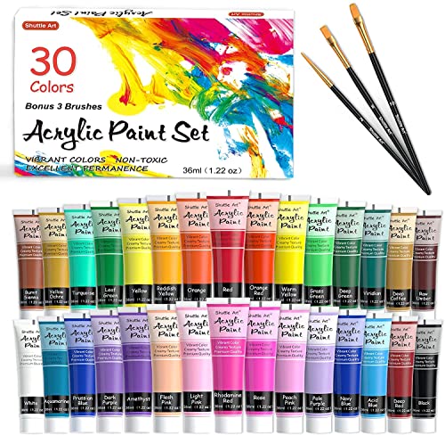 Shuttle Art Acrylic Paint Set, 30 Colors Acrylic Paint in Tubes (36ml) with 3 Brushes, Artist Grade Paint, Rich Pigments, Non-Toxic for Artists, Shuttle Art
