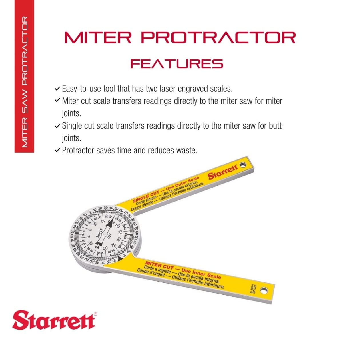 Starrett Plastic Miter Protractor Angle Finder with Two Laser Engraved Scales - Ideal for Carpenters, Plumbers and DIY Home Improvement -7" Length - Starrett