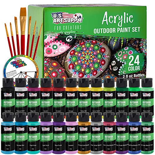 U.S. Art Supply Professional 24 Color Set of Outdoor Acrylic Paint in 2 Ounce Bottles, Plus a 7-Piece Brush Kit - Vivid Colors for Artists, Students