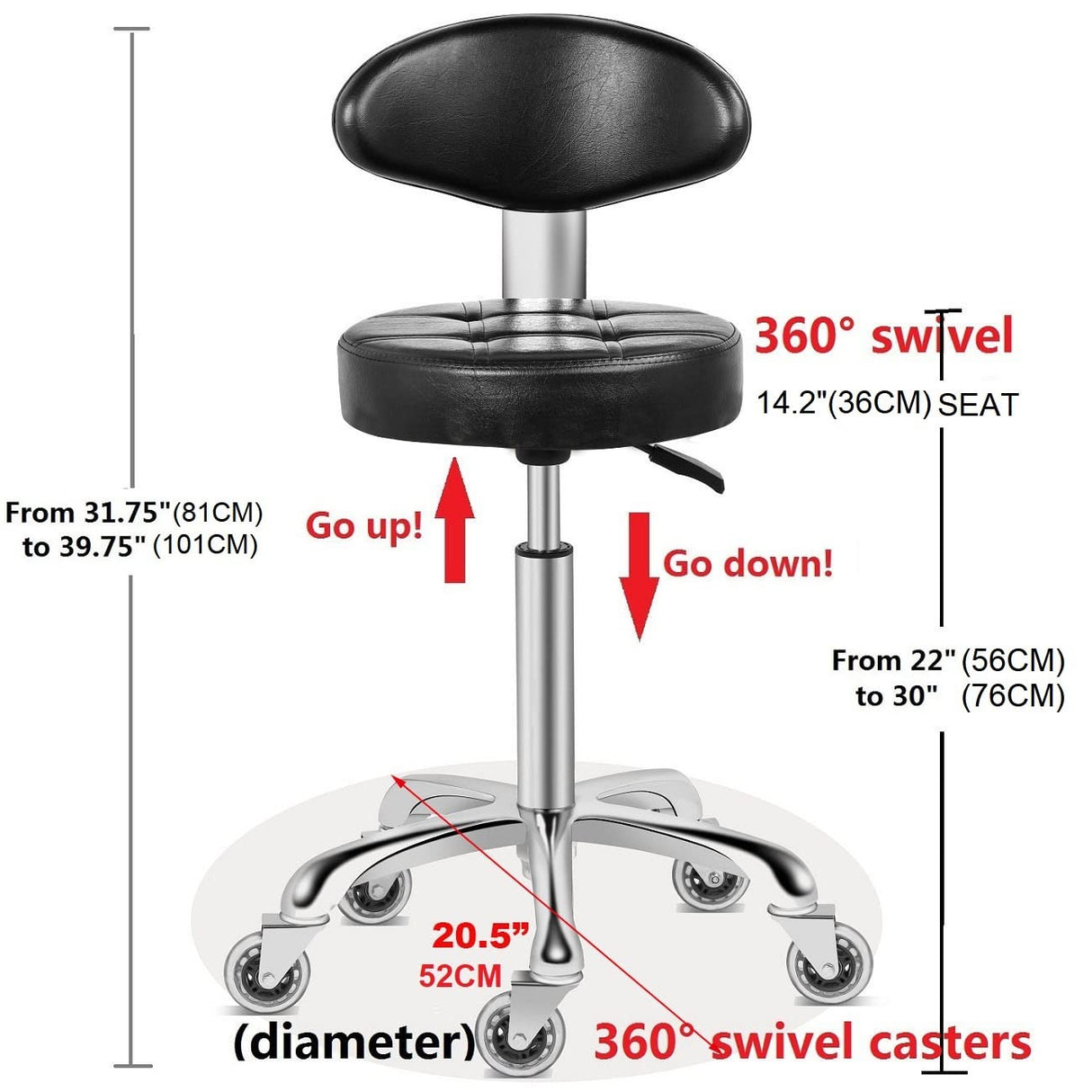 Kaleurrier Swivel Stool Chair Adjustable Height,Heavy Duty Hydraulic Rolling Metal Stool for Kitchen,Salon,Bar,Office,Massage (with Back Rest) Kaleurrier
