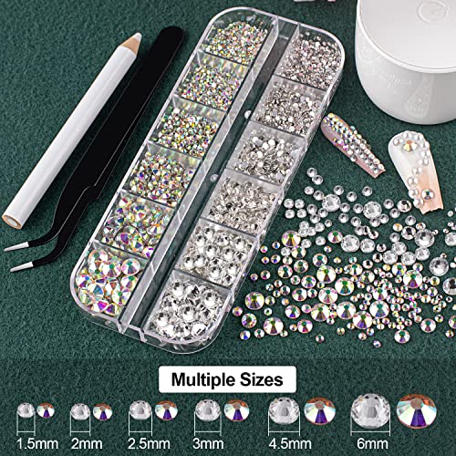 Flat Back Rhinestones&Pearls Kits Round Glass Crystal AB&Transparent White Gems+White&Beige Pearls With Quick Dry Makeup Glue+Picker Pencil+Tweezer - WoodArtSupply