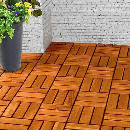 HOUSEBOOK- 12 slats Pack of 9 Premium Wood(Not Softwood Fir/Pine) Interlocking Deck Tile, Patio Pavers Floor, Flooring Tiles, Decor, D.I.Y Tiles,