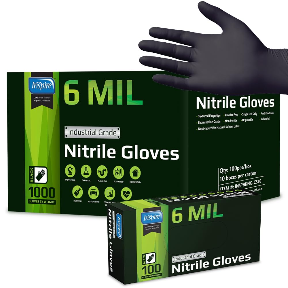 Inspire Black Nitrile Gloves | HEAVY DUTY 6 Mil Nitrile THE ORIGINAL Nitrile Medical Food Cleaning Disposable Gloves (Large, 100, Count) Inspire