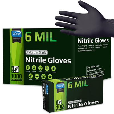 Inspire Black Nitrile Gloves | HEAVY DUTY 6 Mil Nitrile THE ORIGINAL Nitrile Medical Food Cleaning Disposable Gloves (Large, 100, Count)