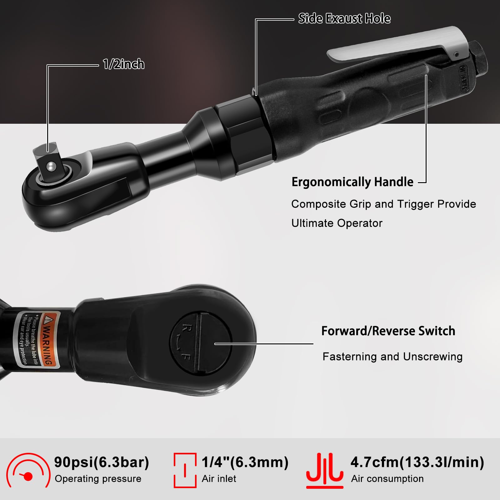 Aflybltol 1/2" Air Ratchet Wrench Set, 50 Ft-Lbs, 160 RPM,Side Exhaust Hole, Professional Pneumatic Wrench for Mechanical Maintenance, Automotive - WoodArtSupply