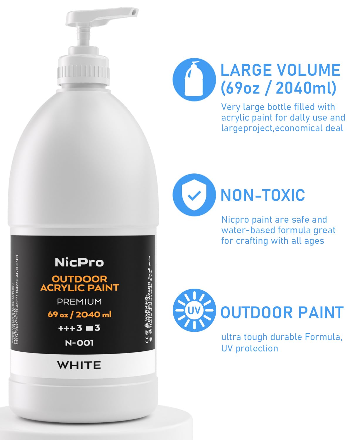 Nicpro White Large Outdoor Acrylic Paint Set (69 oz, 2040 ml) Rich Art Painting Supplies Non Toxic Multi Surface Paint for Canvas, Wood, Leather, - WoodArtSupply