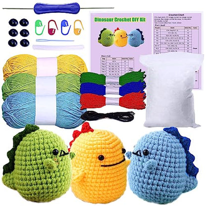 Beginner Crochet Kit, 3 Pcs Cute Dinosaur Crochet Kit for Beginners, Complete Crochet Starter Kit with Illustrations Crocheting Knitting Kit Adults
