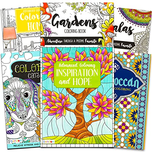 Bulk Adult Coloring Book Set for Men, Women - 6 Pc Relaxation at Home Advanced Coloring Book Bundle with Colorful Home, Mandalas, and Meditative - WoodArtSupply