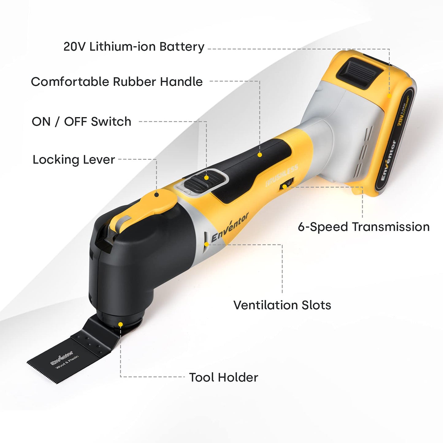 ENVENTOR Cordless Oscillating Tool, 20V Brushless Oscillating Multitool Kit with 6 Variable Speed, 4° Oscillation Angle, 28 pcs Accessories, Fast - WoodArtSupply