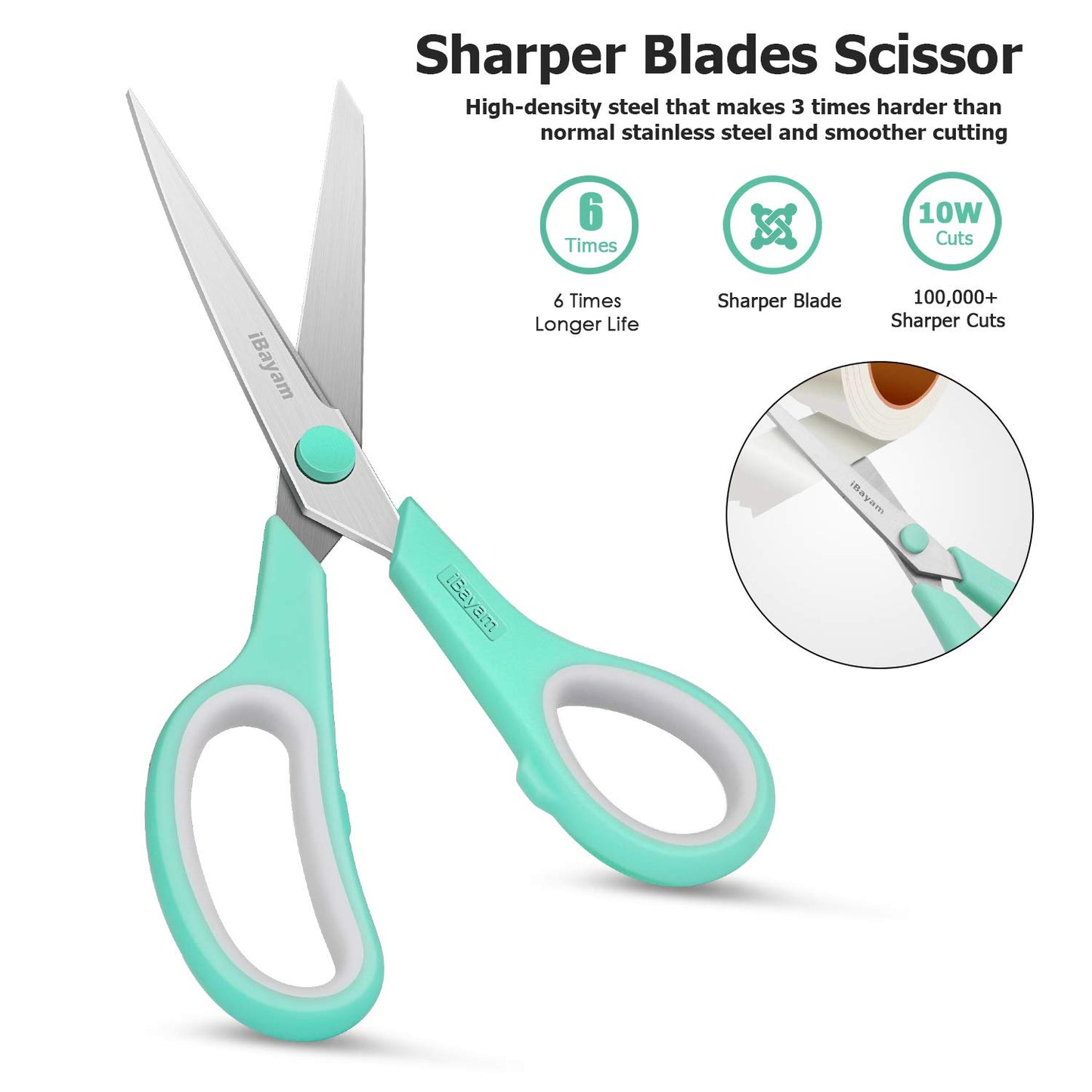 Scissors, iBayam 8" All Purpose Scissors Bulk 3-Pack, Ultra Sharp 2.5mm Thick Blade Shears Comfort-Grip Scissors for Office Desk Accessories Sewing - WoodArtSupply