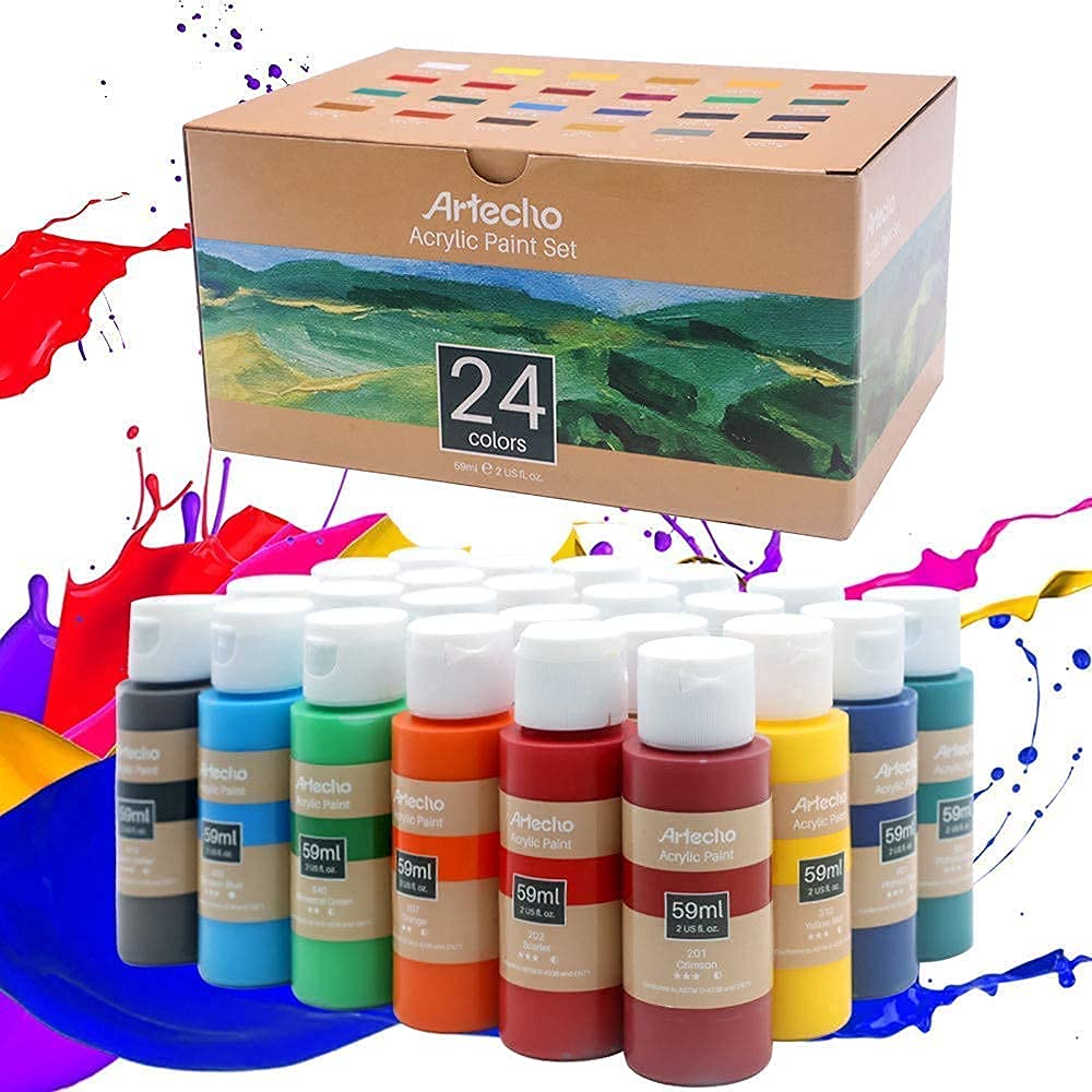 Artecho Premium Acrylic Flow Medium 32oz & Acrylic Paint Set 24 Colors 2 Ounce/59ml Bundle - WoodArtSupply