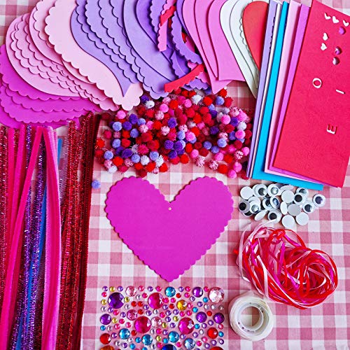 Winlyn 24 Sets Valentine's Day Heart Ornaments Decorations DIY Foam Heart Valentine Craft Kits Assorted Foam Heart Shapes Stickers Pom-poms Googly Winlyn