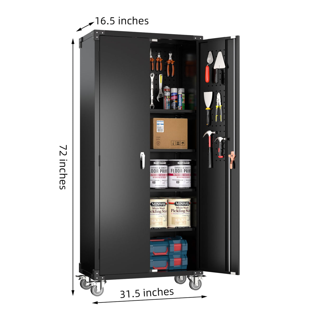 Aobabo 72 Inch Locking Metal Garage Storage Cabinet with Universal Rubber Wheels with Lockable Casters, Pegboards, and Magnetic Doors, Black Aobabo