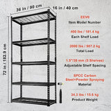 VEVOR Storage Shelving Unit, 5-Tier Adjustable, 2000 lbs Capacity, Heavy Duty Garage Shelves Metal Organizer Wire Rack, Black, 36" L x 16" W x 72" H VEVOR