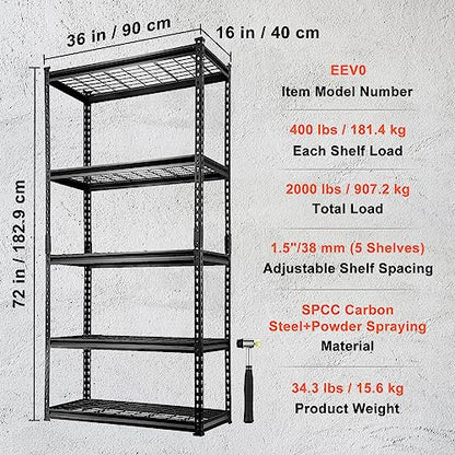 VEVOR Storage Shelving Unit, 5-Tier Adjustable, 2000 lbs Capacity, Heavy Duty Garage Shelves Metal Organizer Wire Rack, Black, 36" L x 16" W x 72" H