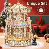 MIEBELY 3D Wooden Puzzles for Adults LED Carousel Music Box - DIY Crafts Model Building Kits for Teens Mechanical Model Stem Project Christmas Toy MIEBELY