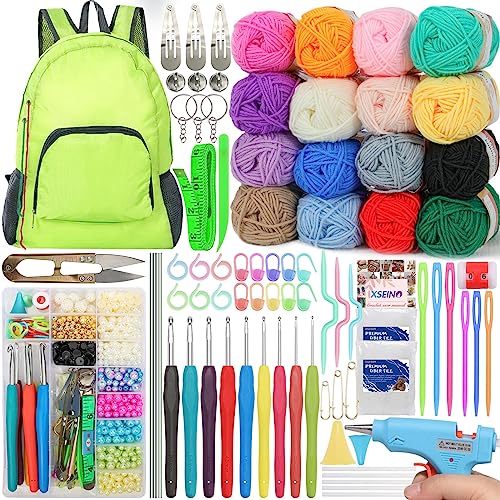 XSEINO Crochet Kit with Step-by-Step Video Tutorials,Includes Premium 16 Roll-800Yard Crochet Yarn, 9 Crochet Hooks, Crochet Bag and All Accessories - WoodArtSupply