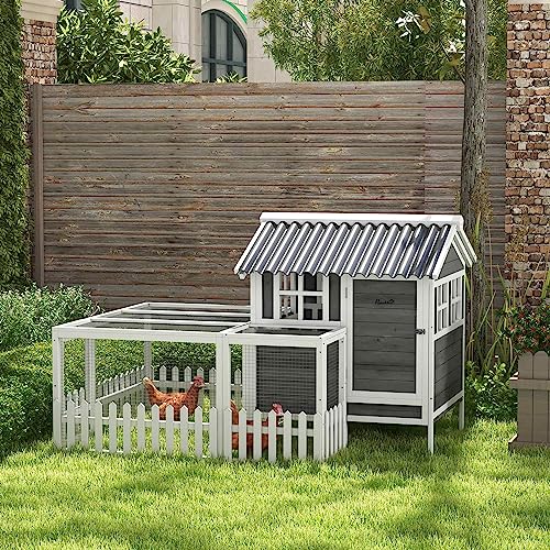 PawHut Wooden Chicken Coop with Run for 3-4 Chickens, Hen House with Nesting Box, Removable Tray, Fence, Outdoor Poultry Cage, 68" x 59" x 42", Gray - WoodArtSupply