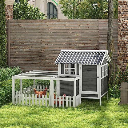 PawHut Wooden Chicken Coop with Run for 3-4 Chickens, Hen House with Nesting Box, Removable Tray, Fence, Outdoor Poultry Cage, 68" x 59" x 42", Gray - WoodArtSupply