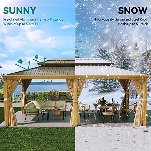 YITAHOME 12x20ft Hardtop Gazebo with Nettings and Curtains, Wood Grain Heavy Duty Double Roof Galvanized Steel Outdoor Combined of Vertical Stripes YITAHOME