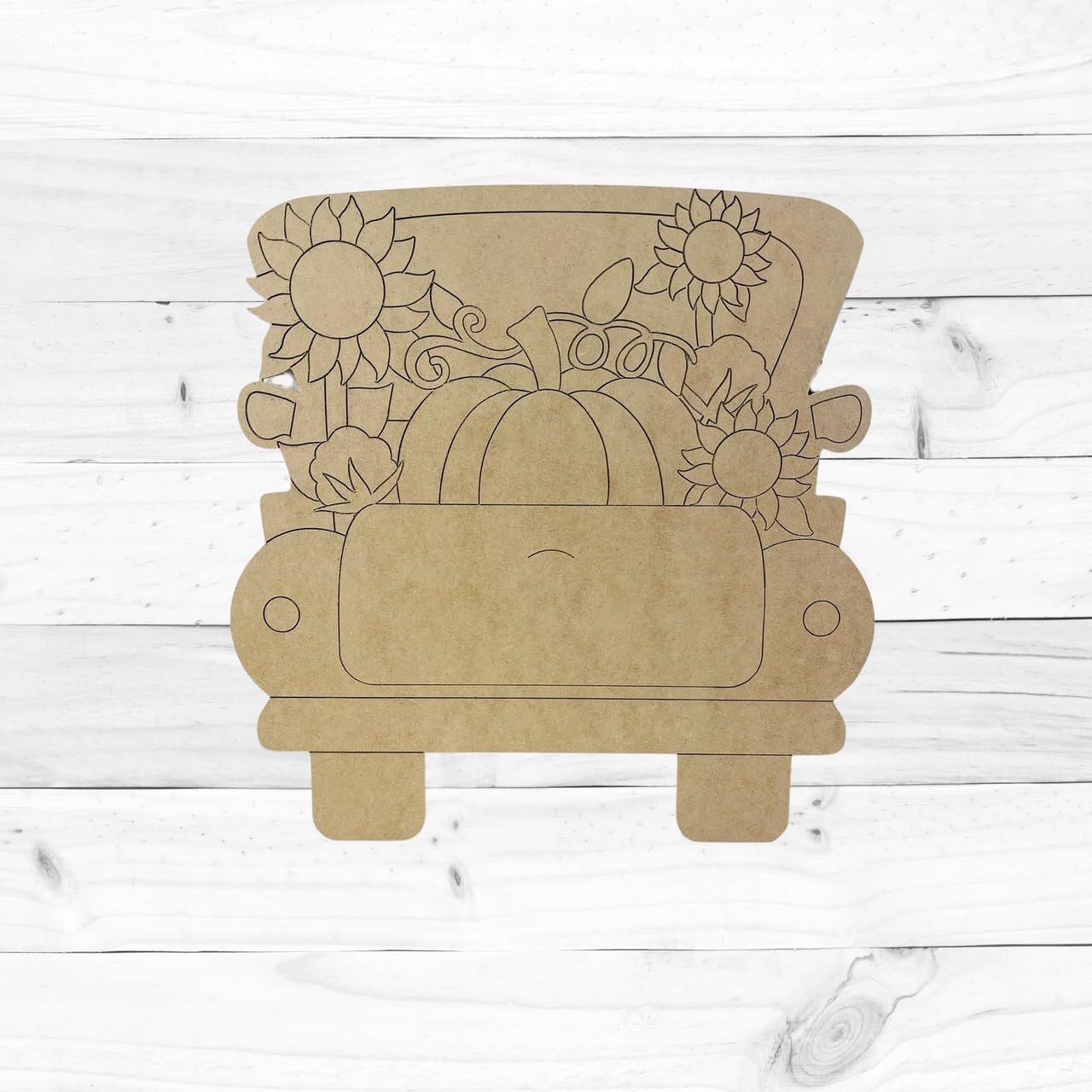 Fall Truck with Pumpkin, Sunflowers and Cotton, Fall Shape, Unfinished Wood Cutout, Paint by Line, Build-A-Cross - WoodArtSupply