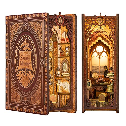 CUTEBEE DIY Book Nook Kit, DIY Dollhouse Booknook Bookshelf Insert Decor Alley, Bookends Model Build-Creativity Kit with LED Light CUTEBEE