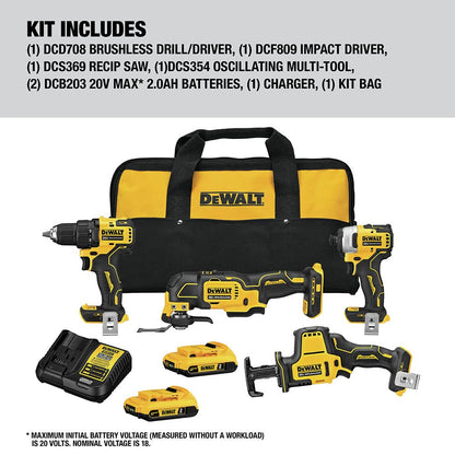 Dewalt DCK489D2 ATOMIC 20V MAX Brushless Lithium-Ion Cordless 4-Tool Combo Kit (2 Ah) - WoodArtSupply