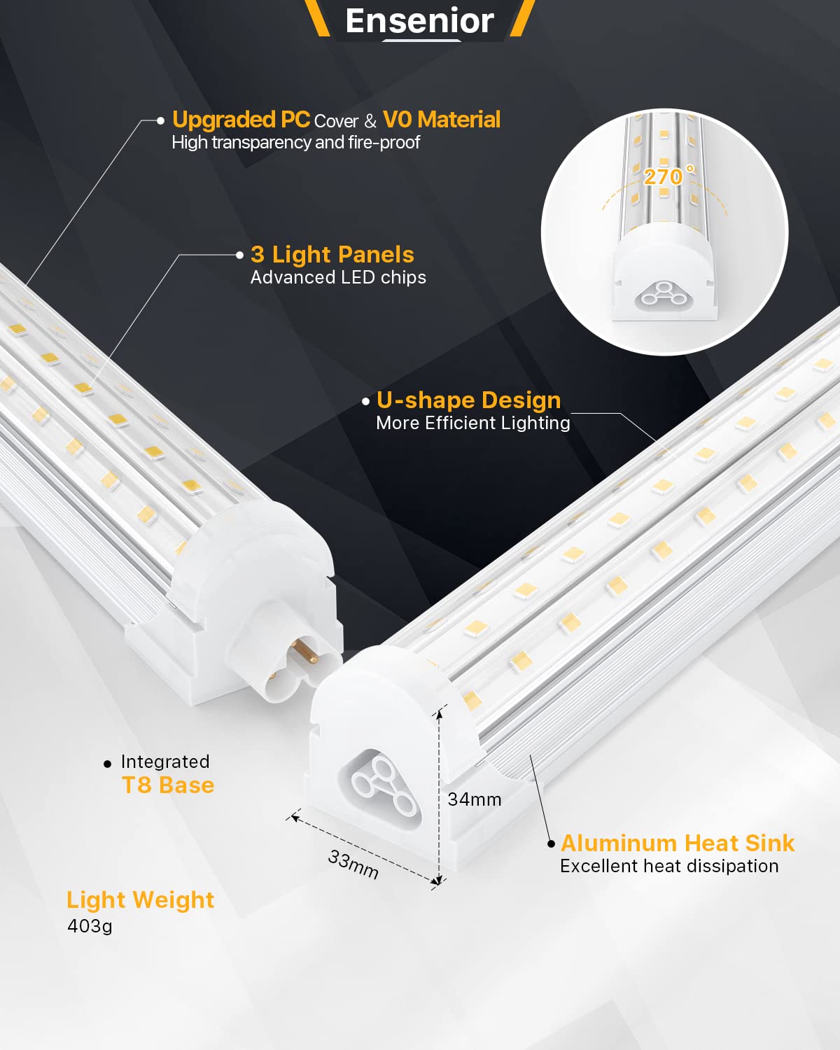 Ensenior 6 Pack 4 FT Led Shop Lights, 6000K Clear White, 5000LM Super Bright, 36W Equivalency 468W, Commercial Bay Lighting, U-Shaped Linkable Shop Ensenior