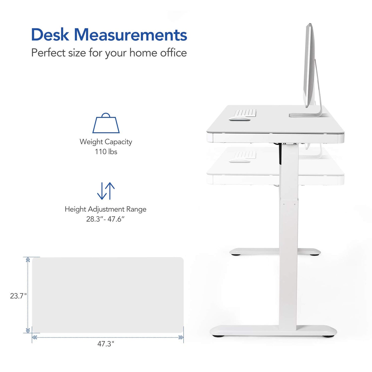SANODESK Standing Desk with Drawer, Electric Height Adjustable Home Office Desk with Storage & USB Ports, 48 inch White Wood Tabletop/White Frame SANODESK