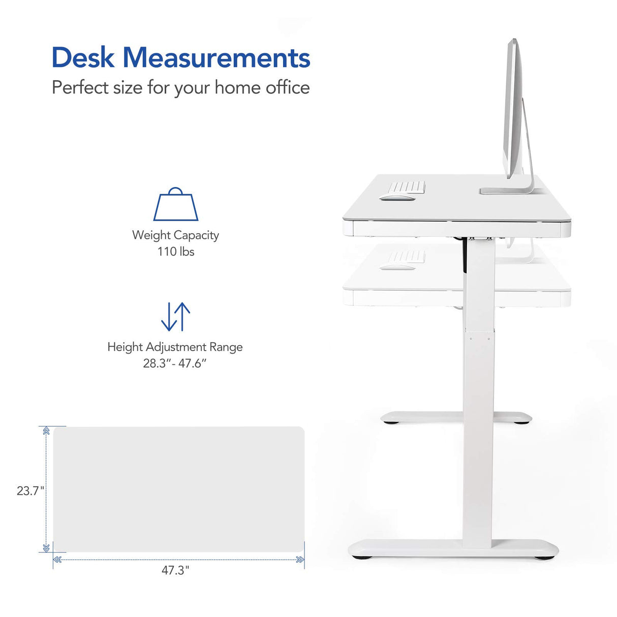 SANODESK Standing Desk with Drawer, Electric Height Adjustable Home Office Desk with Storage & USB Ports, 48 inch White Wood Tabletop/White Frame SANODESK