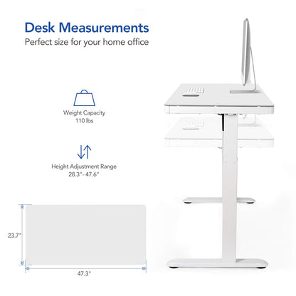 SANODESK Standing Desk with Drawer, Electric Height Adjustable Home Office Desk with Storage & USB Ports, 48 inch White Wood Tabletop/White Frame