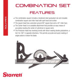 Starrett Combination Set with Square, Center and Non-Reversible Protractor Head and Blade - 12" Blade Length, Hardened Steel, 4R Graduation Type - Starrett