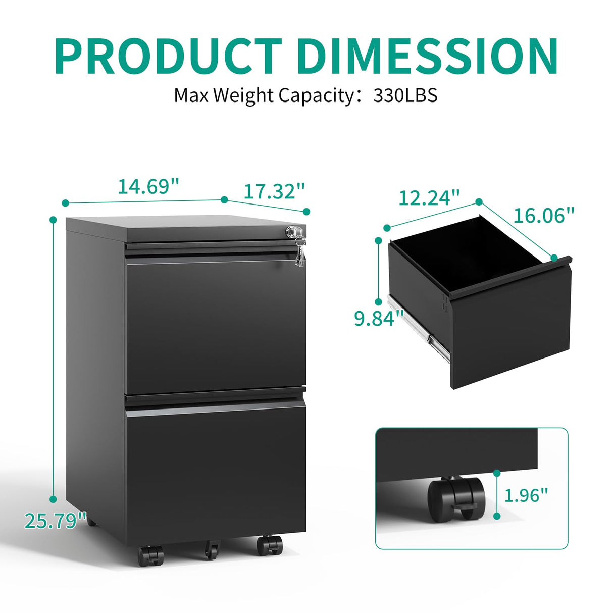 VIYET 2 Drawer Mobile File Cabinet with Lock,Under Desk Metal Filing Cabinet for Home Office,Steel Small Rolling File Cabinet with 2 Keys for VIYET