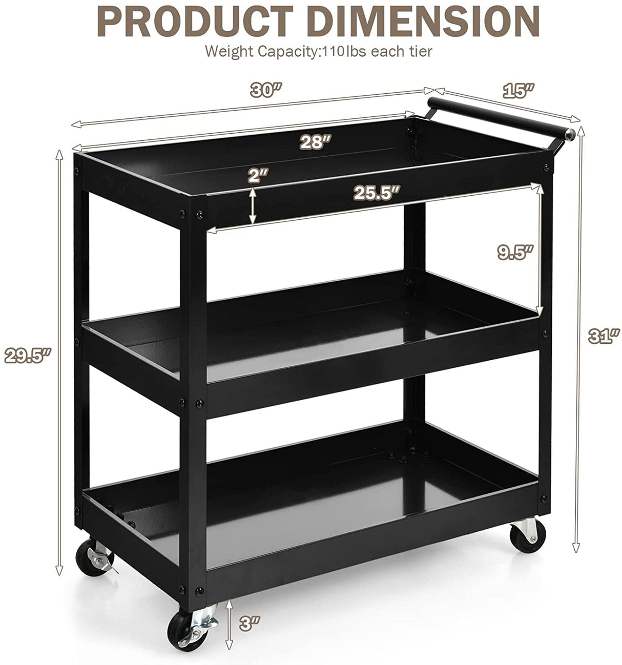Goplus 3-Tier Utility Cart, Heavy Duty Commercial Service Tool Cart w/Lockable Wheels, 330lbs Load Capacity, Ergonomic Handle, Rolling Mechanic Tool Goplus